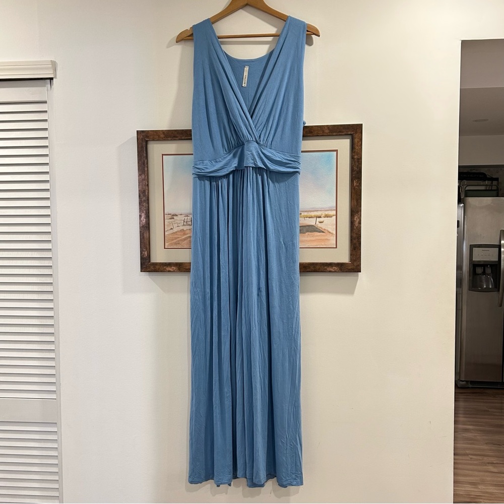Gilli Sleeveless Plunge Neck Faux Wrap Jersey Stretch Maxi Dress Light Blue